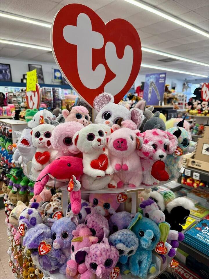 Shelves of Ty Beanie Babies plush toys in the Tallent Drug Store gift shop