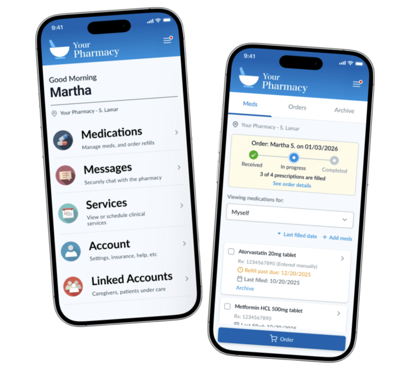 Two overlapping phone screenshots of the Tallent Drug Store patient portal showing the home and medications screens